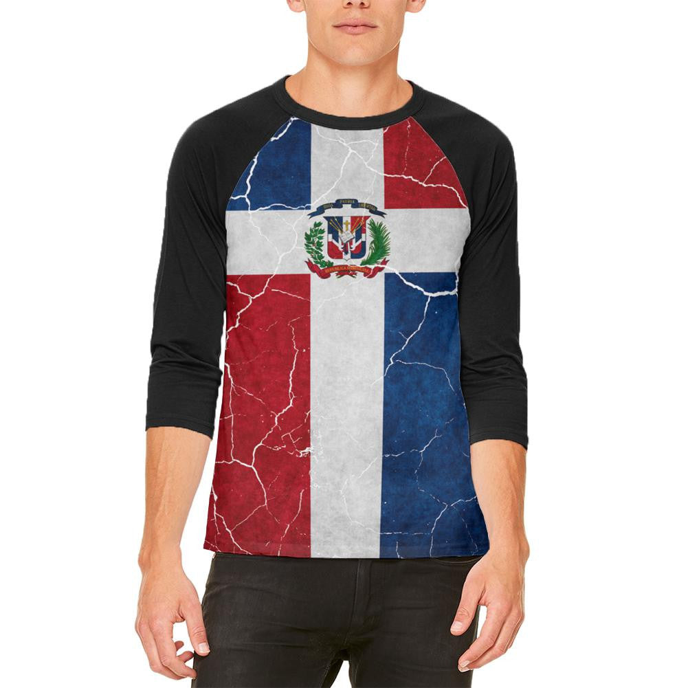 Distressed Dominican Republic Flag Mens Raglan T Shirt Men's Raglans Old Glory 2XL White 