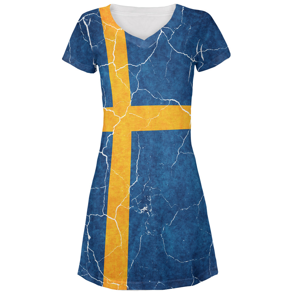 Distressed Swedish Flag Juniors V-Neck Beach Cover-Up Dress Juniors Dresses Old Glory LG Multicolored 