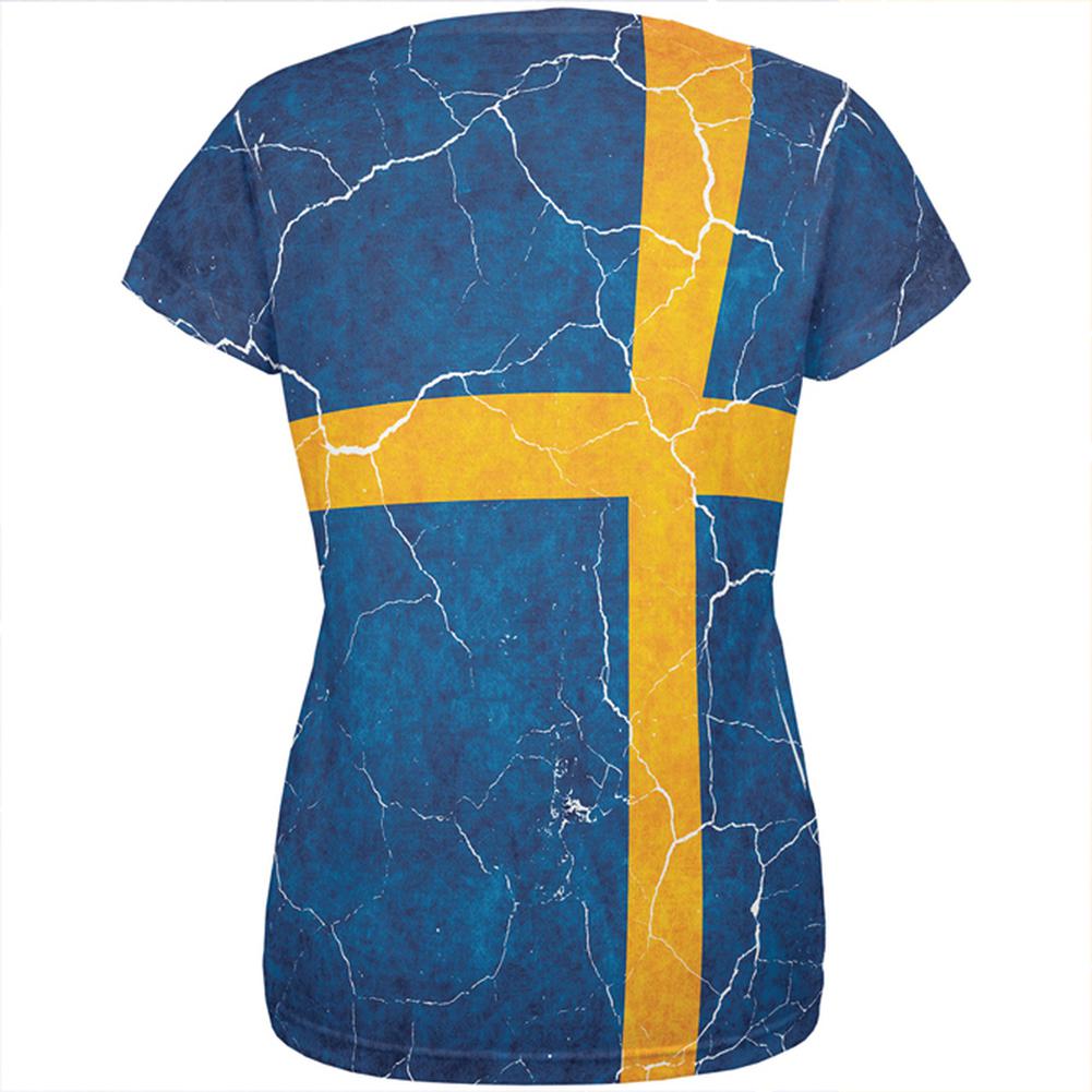 Distressed Swedish Flag All Over Womens T Shirt Women's T-Shirts Old Glory   