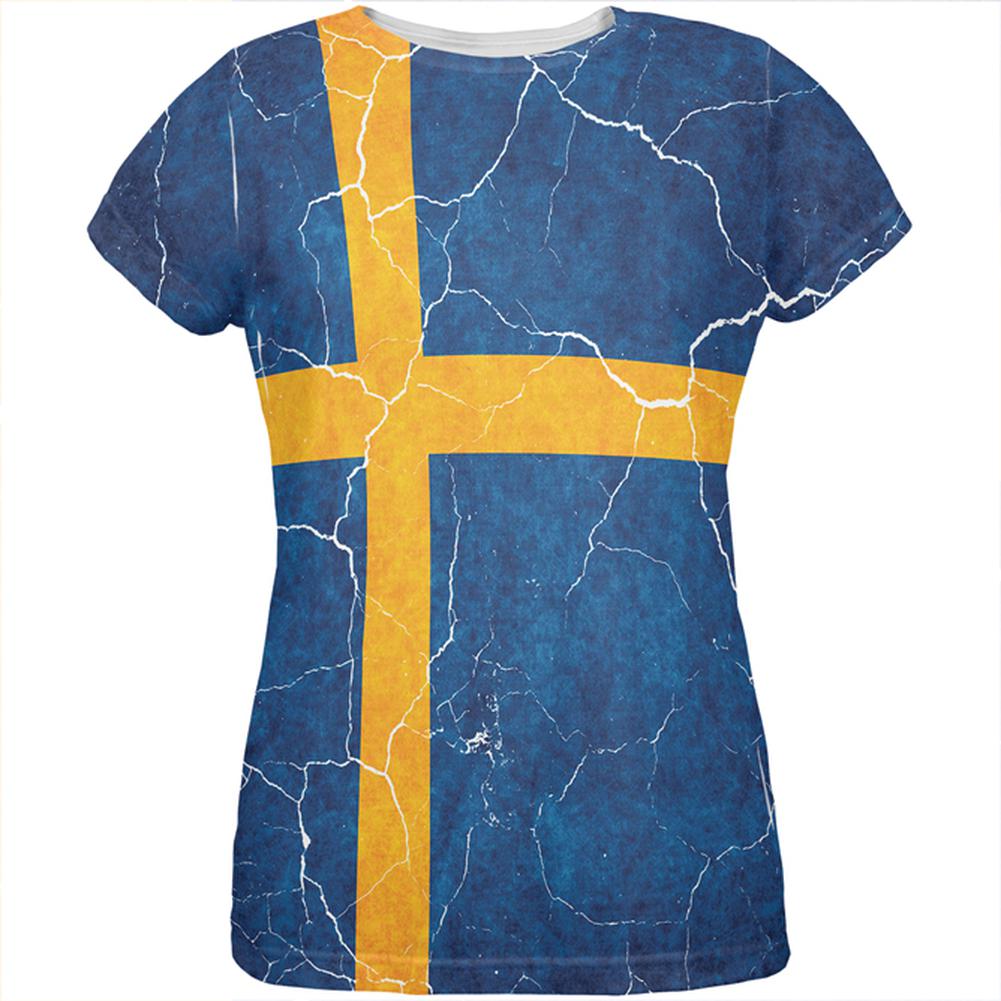 Distressed Swedish Flag All Over Womens T Shirt Women's T-Shirts Old Glory 2XL Multi 