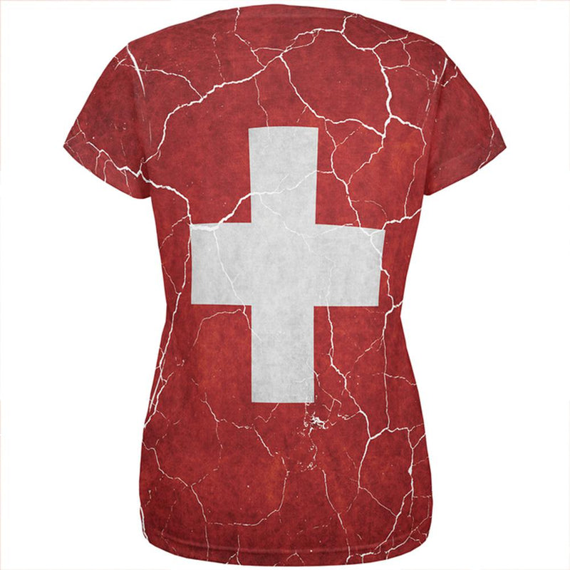 Distressed Swiss Flag All Over Womens T Shirt Women's T-Shirts Old Glory   