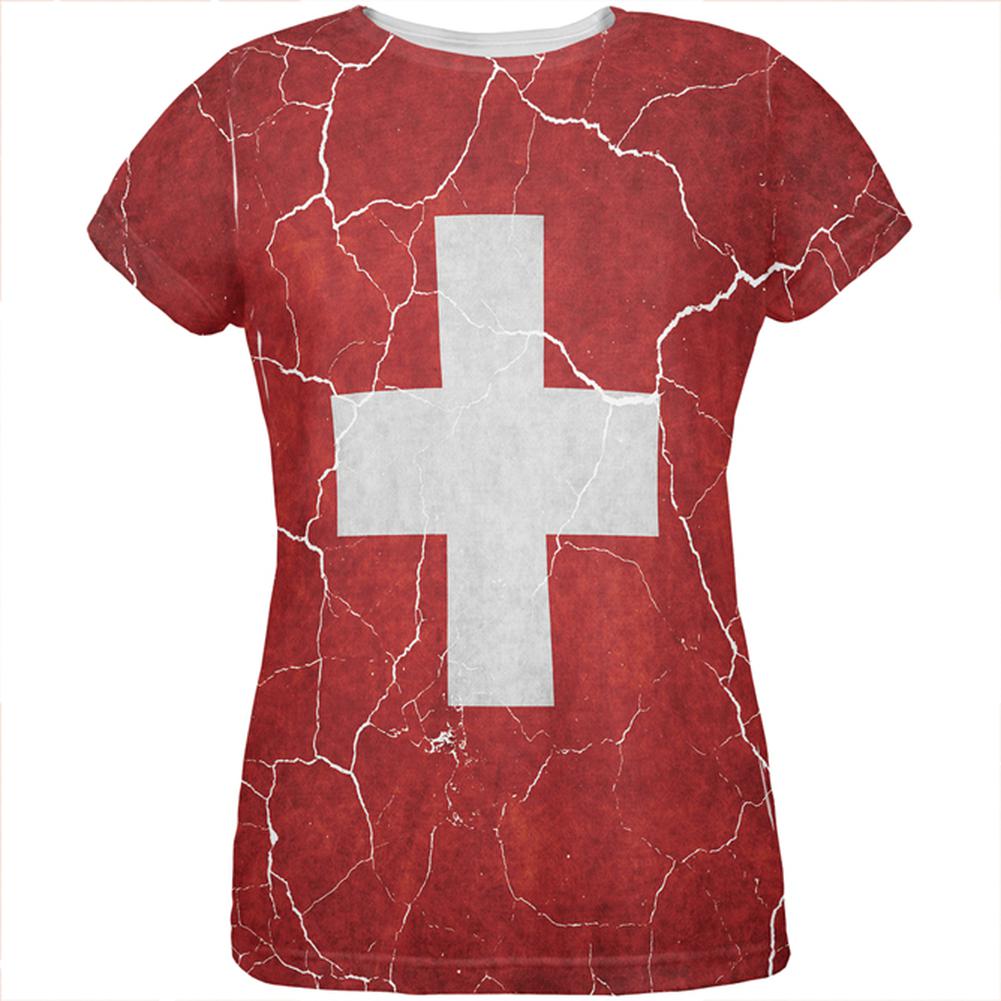 Distressed Swiss Flag All Over Womens T Shirt Women's T-Shirts Old Glory 2XL Multi 