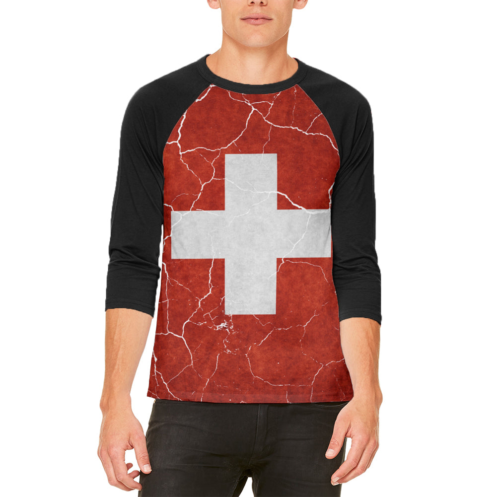 Distressed Swiss Flag Mens Raglan T Shirt Men's T-Shirts Old Glory LG White 