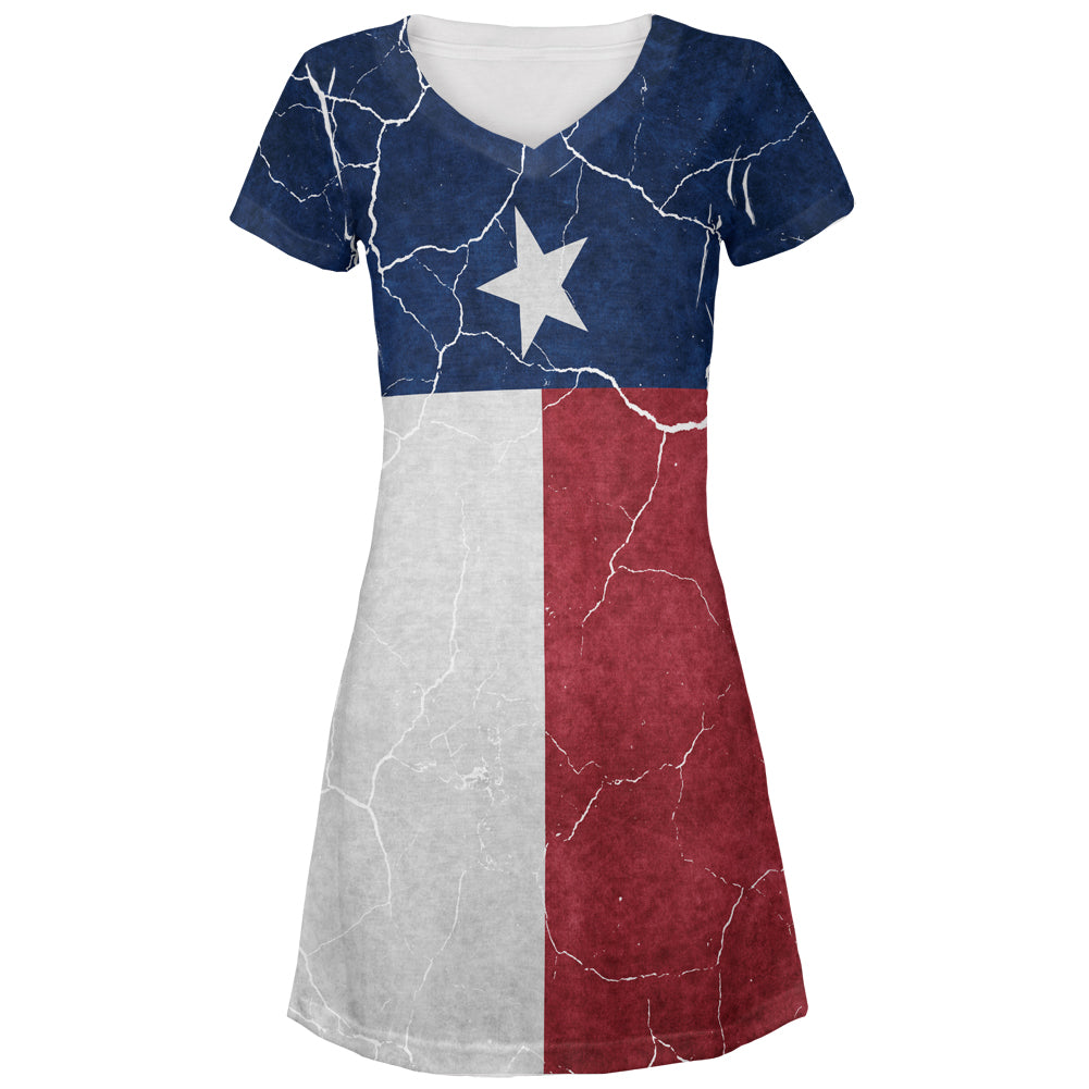 Distressed Texas Flag Juniors V-Neck Beach Cover-Up Dress Juniors Dresses Old Glory LG Multicolored 