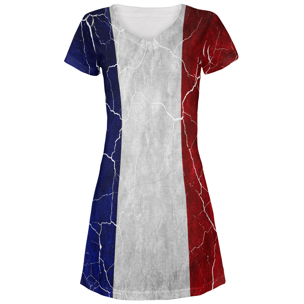 Distressed French Flag Juniors V-Neck Beach Cover-Up Dress Juniors Dresses Old Glory LG Multicolored 