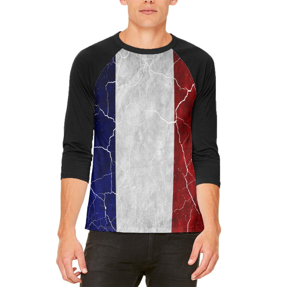 Distressed French Flag Mens Raglan T Shirt Men's T-Shirts Old Glory LG White 