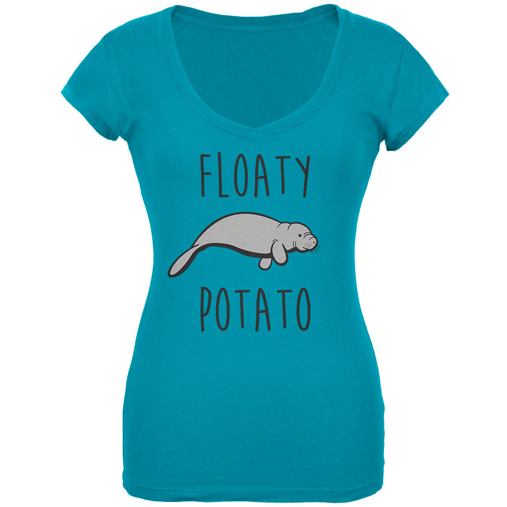 Floaty Potato Manatee Juniors V-Neck T Shirt Juniors T-Shirts Old Glory LG Turquoise 