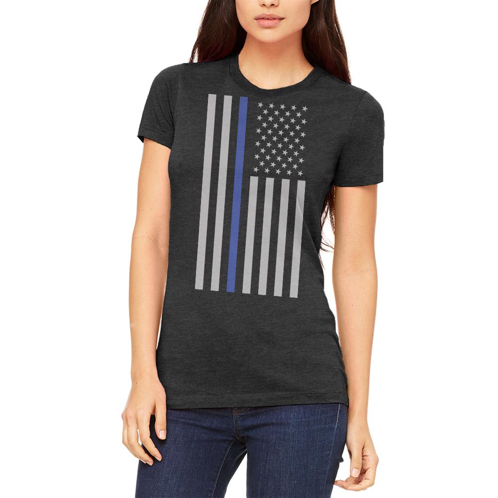 Thin Blue Line American Flag Juniors Soft T Shirt Juniors T-Shirts Old Glory 2XL Heather Black 