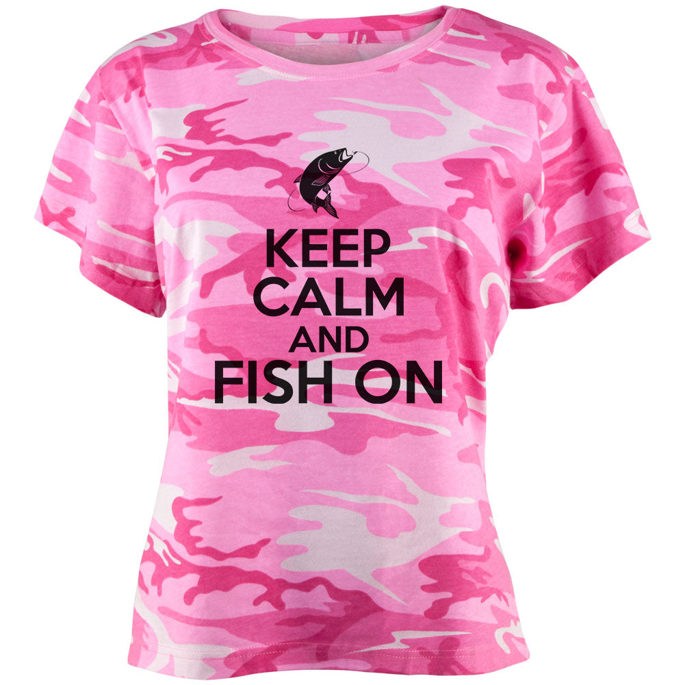 Keep Calm Fish On Juniors T Shirt Juniors T-Shirts Old Glory LG Pink Camouflage 