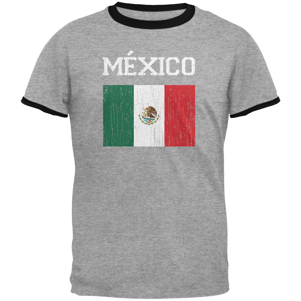 World Cup Distressed Flag Mexico Mens Ringer T Shirt Men's T-Shirts Old Glory LG Heather-Black 