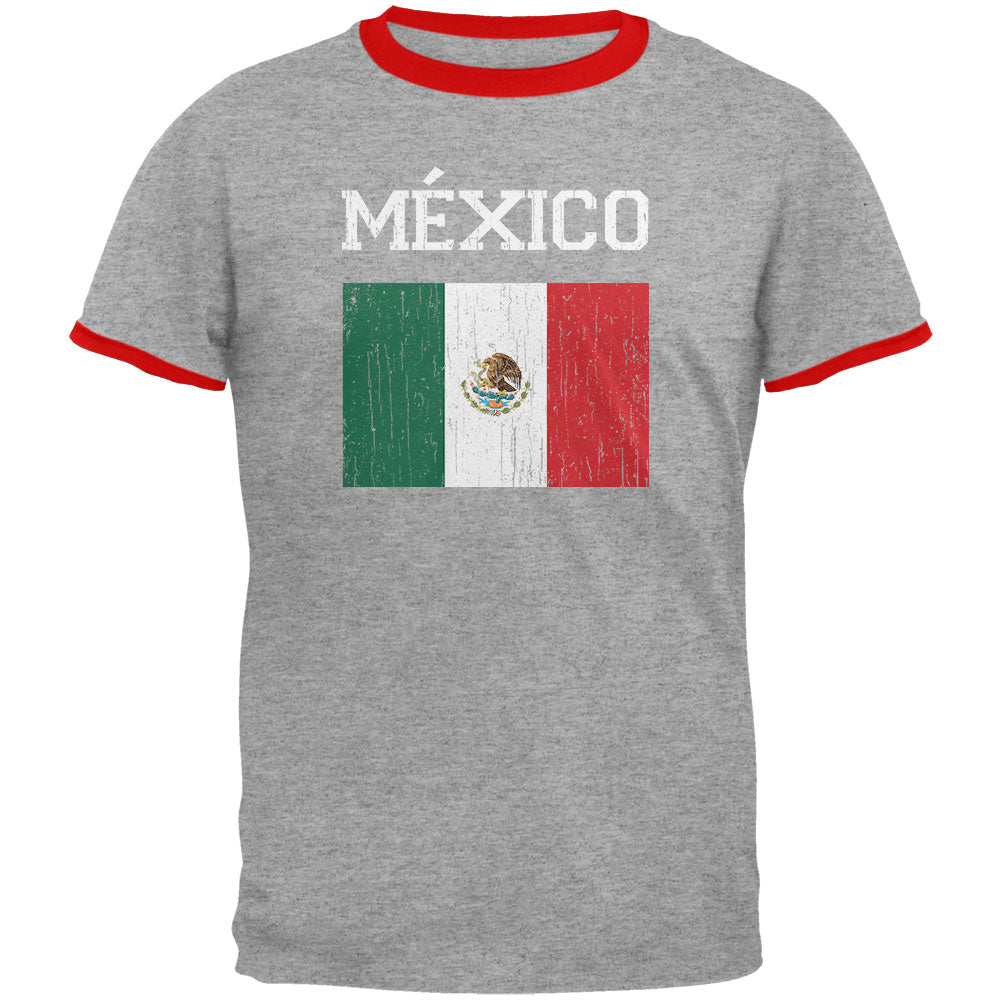 World Cup Distressed Flag Mexico Mens Ringer T Shirt Men's T-Shirts Old Glory LG Heather-Red 