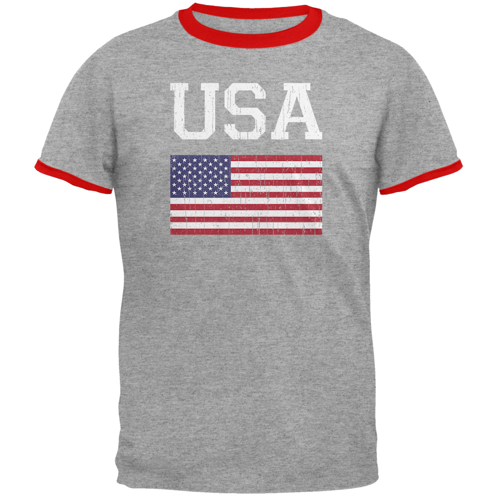 World Cup Distressed Flag USA Mens Ringer T Shirt Men's T-Shirts Old Glory 2XL Heather-Red 