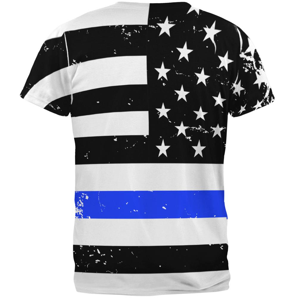 Distressed Thin Blue Line American Flag All Over Mens T Shirt Men's T-Shirts Old Glory   