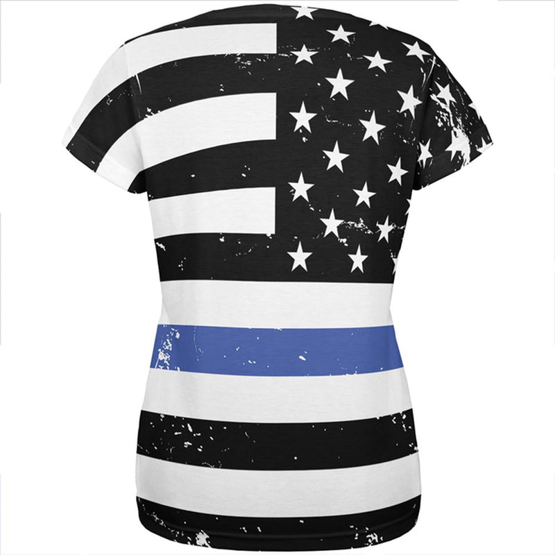 Distressed Thin Blue Line American Flag All Over Womens T Shirt Women's T-Shirts Old Glory   