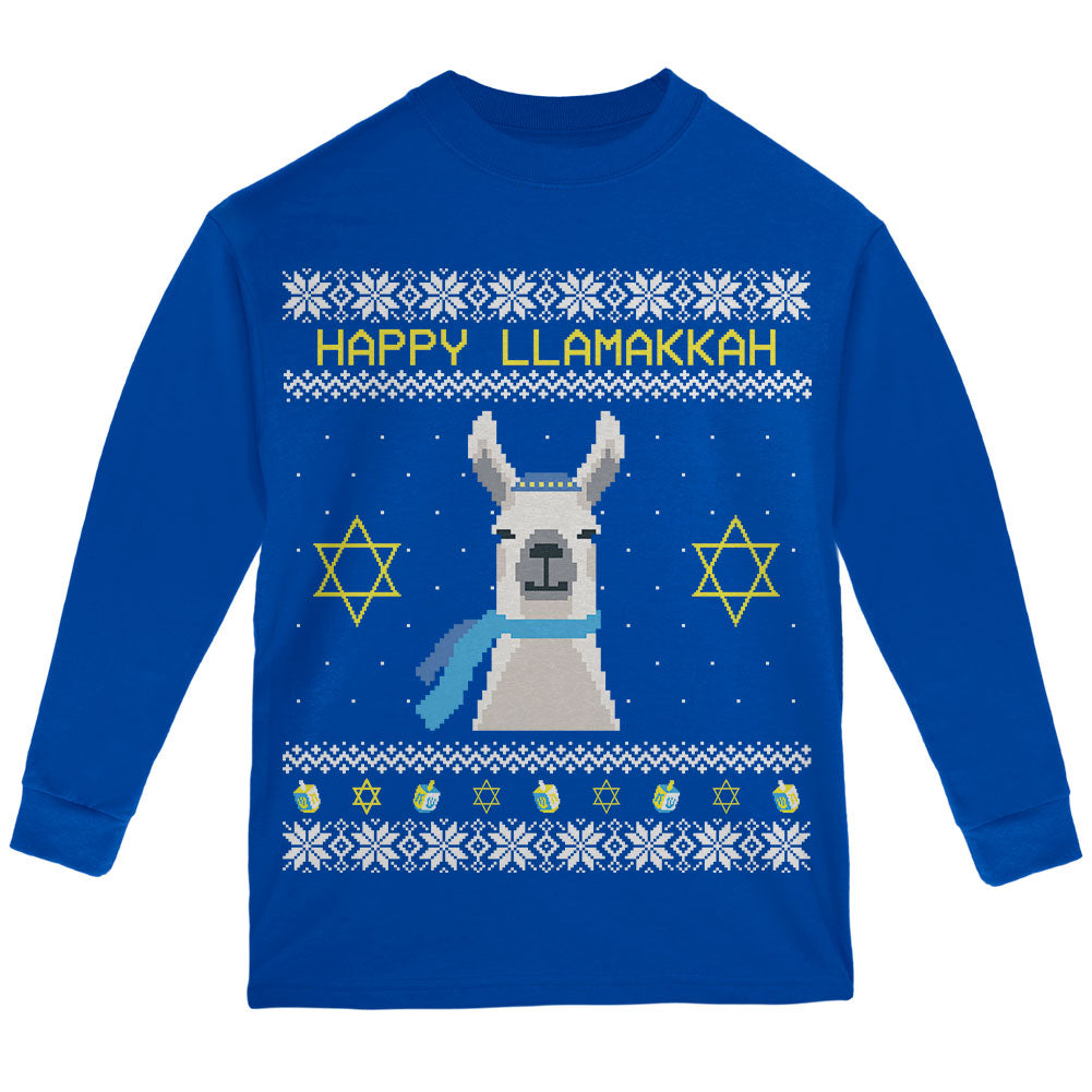 Llama Llamakkah Ugly Hanukkah Sweater Youth Long Sleeve T Shirt Youth Long Sleeves Old Glory YLG Royal 