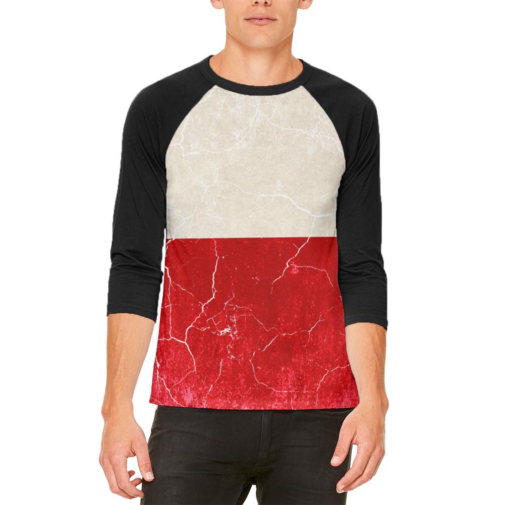 Distressed Grunge Polish Flag Mens Raglan T Shirt Men's Raglans Old Glory 2XL White-Black 