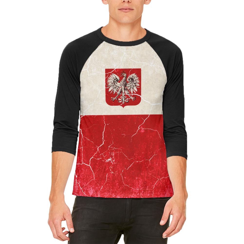 Distressed Grunge Polish Crest Flag Mens Raglan T Shirt Men's Raglans Old Glory 2XL White-Black 