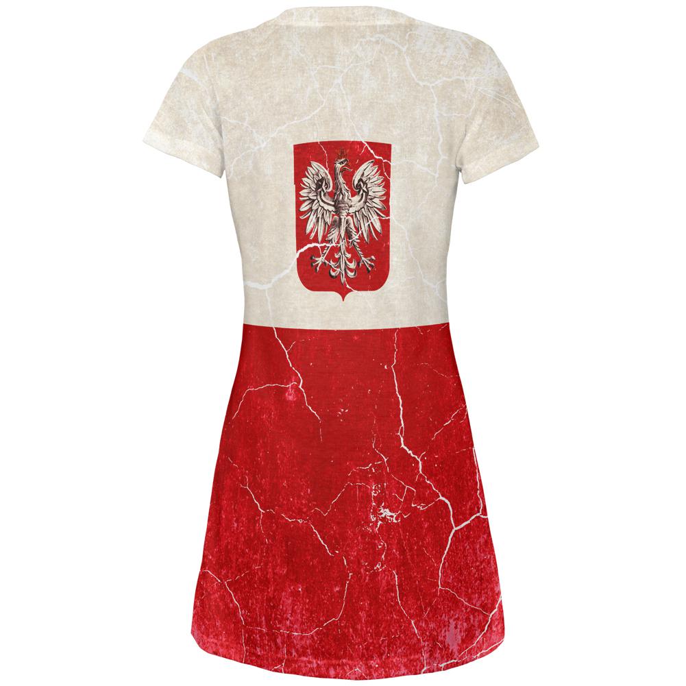 Distressed Grunge Polish Crest Flag Juniors V-Neck Beach Cover-Up Dress Juniors Dresses Old Glory   