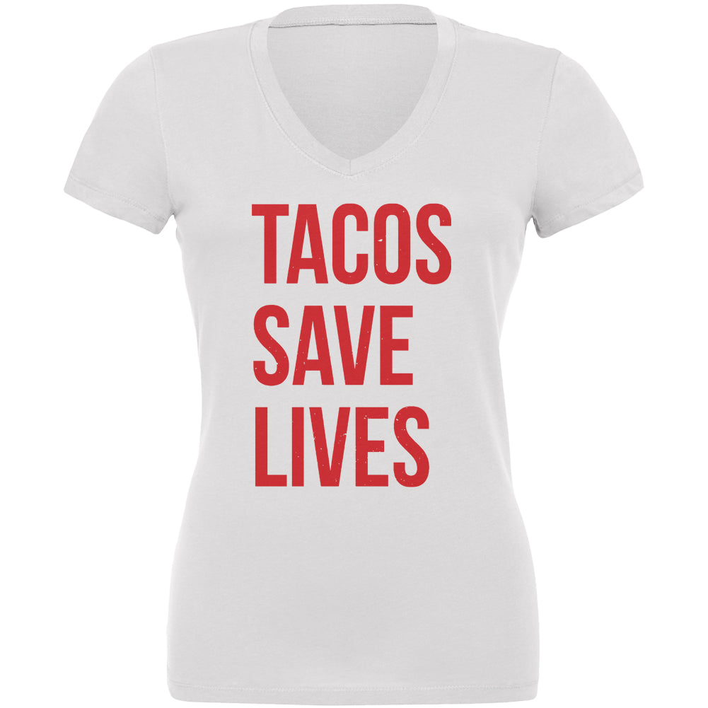 Tacos Save Lives Juniors V-Neck T Shirt Juniors V-Neck T-Shirts Old Glory 2XL White 