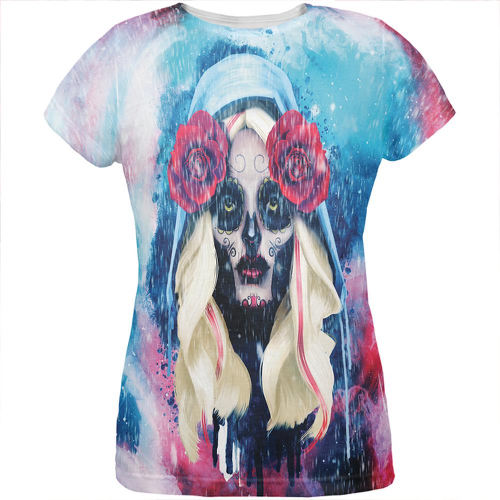 Halloween Day of the Dead Sugar Skull Girl Rain All Over Womens T Shirt Women's T-Shirts Old Glory 2XL Multi 