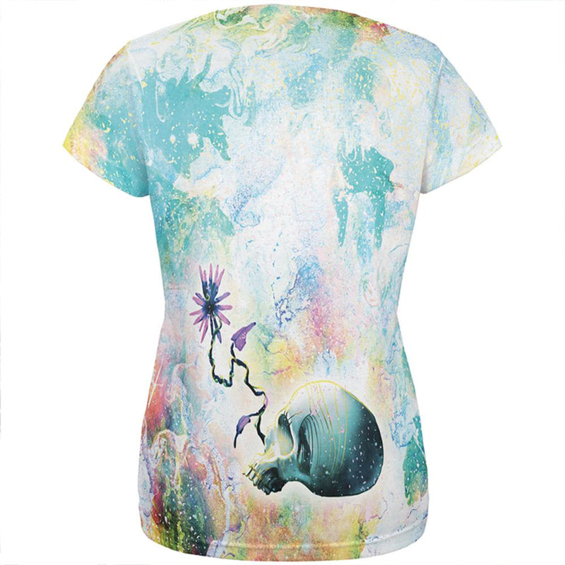 Skull Flower Galaxy Distressed Plasma All Over Womens T Shirt Women's T-Shirts Old Glory   