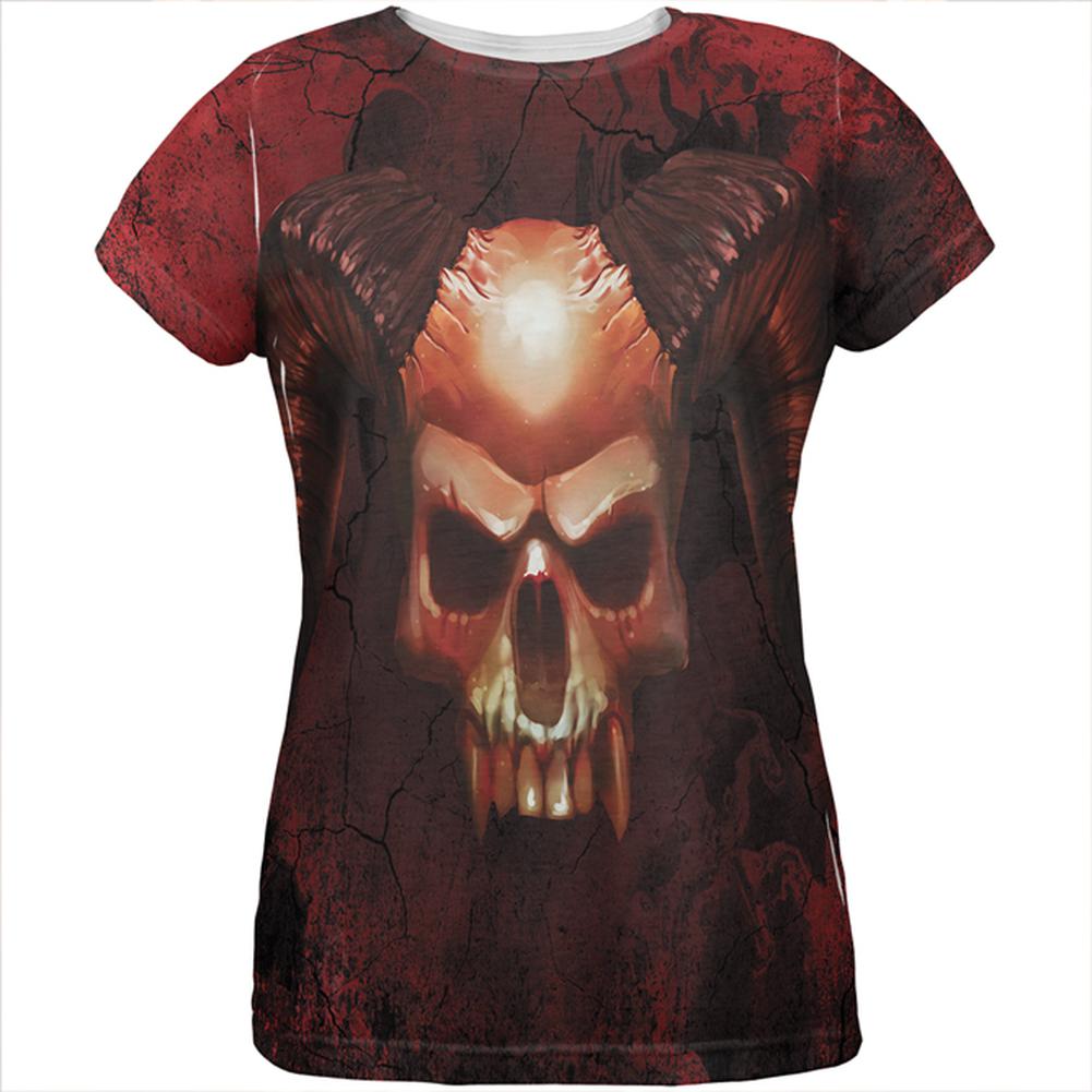 Halloween Horned Demon Skull From Hell All Over Womens T Shirt Women's T-Shirts Old Glory 2XL Multi 