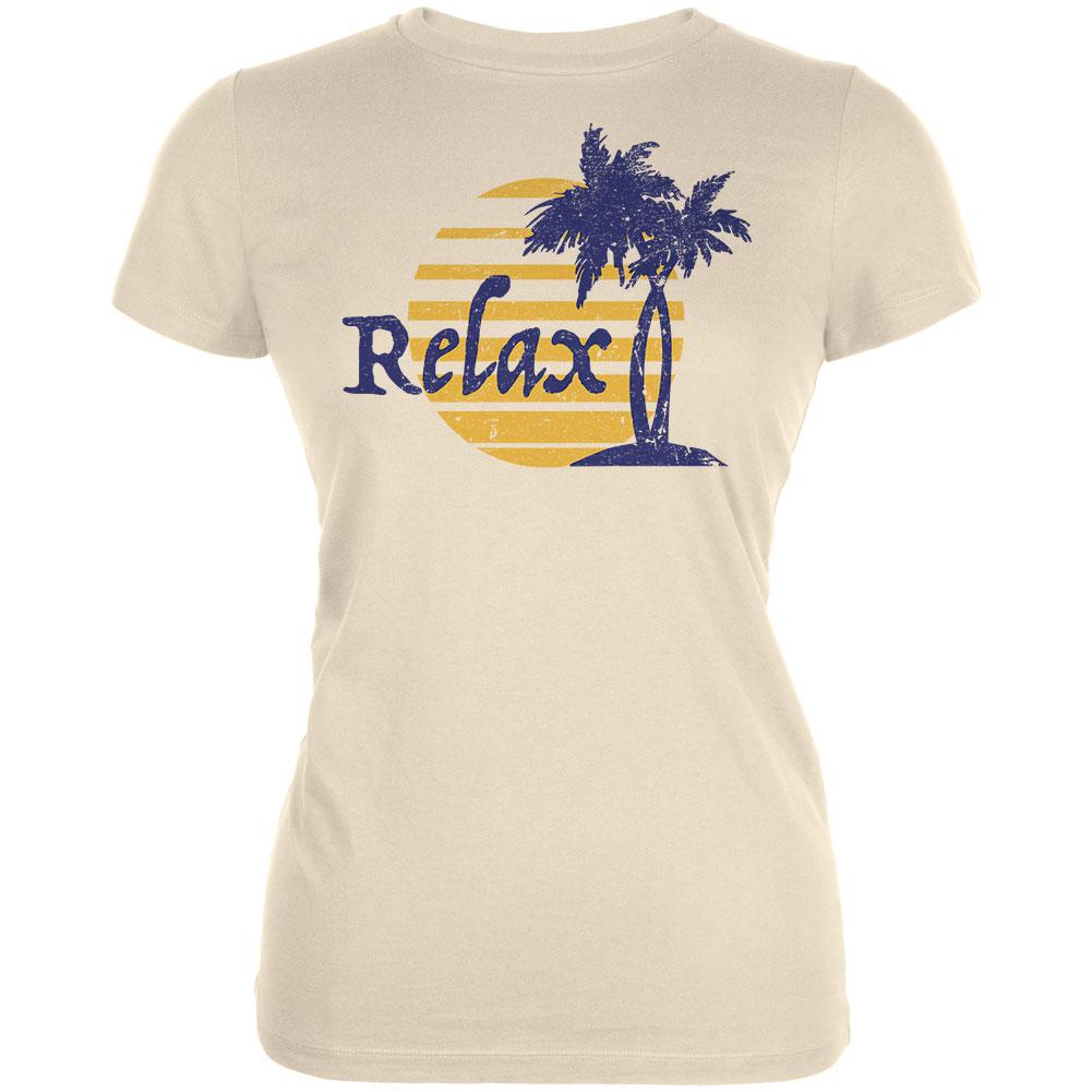 Summer Sun Relax Palm Tree Juniors Soft T Shirt Juniors T-Shirts Old Glory LG Cream 