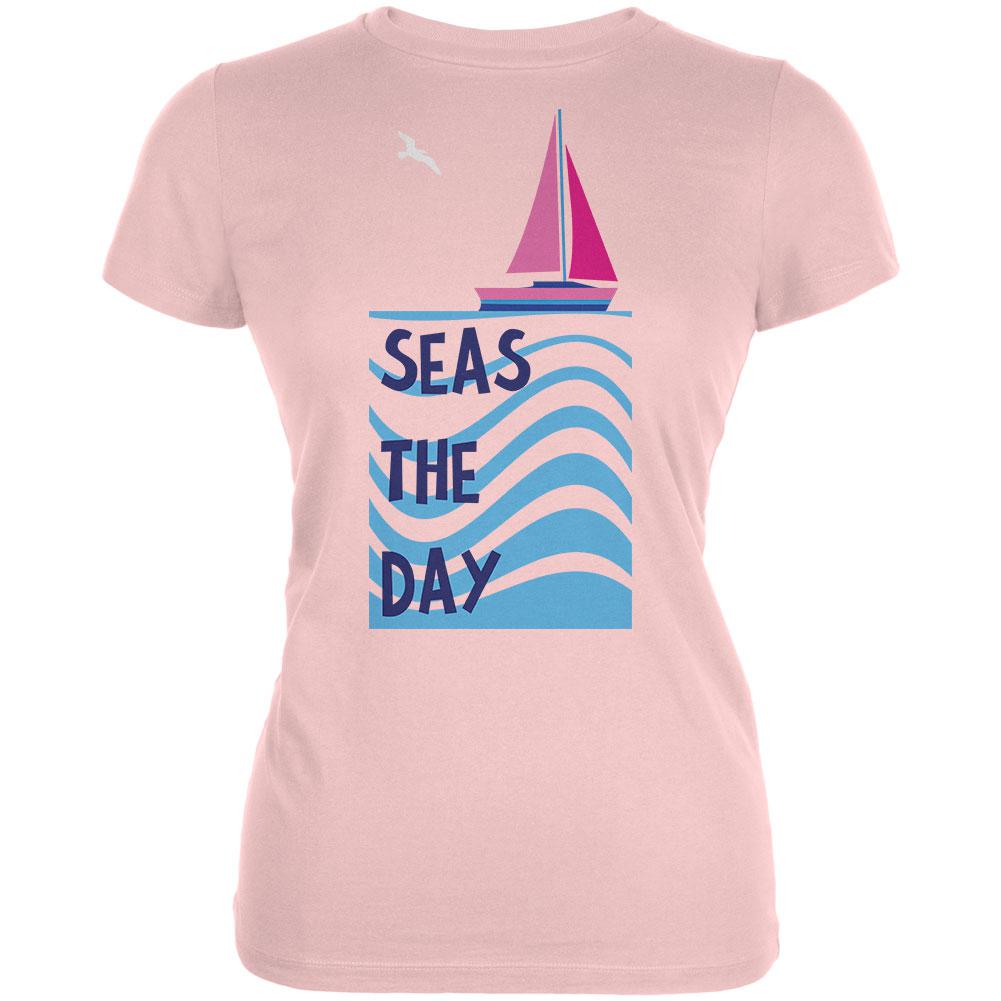 Summer Sun Seas Seize the Day Sailboat Juniors Soft T Shirt Juniors T-Shirts Old Glory LG Blush Pink 