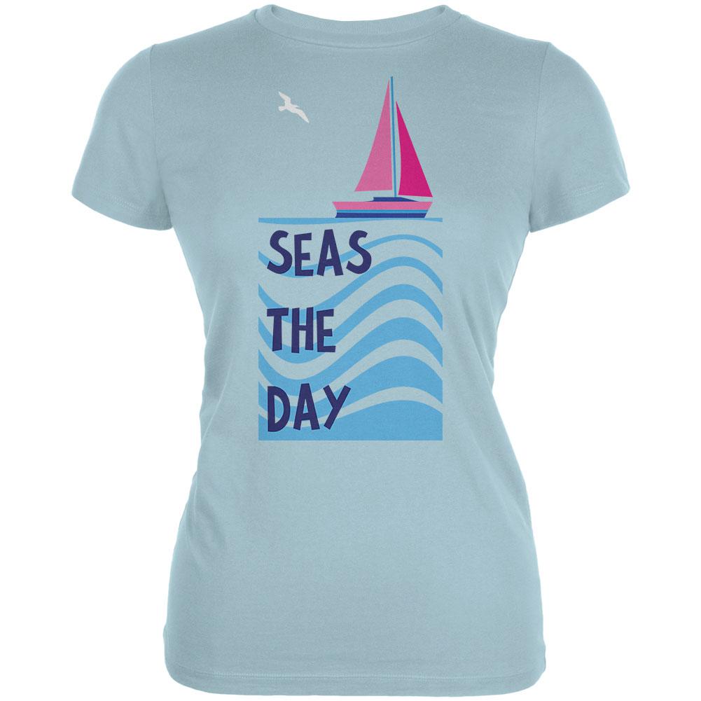 Summer Sun Seas Seize the Day Sailboat Juniors Soft T Shirt Juniors T-Shirts Old Glory LG Light Aqua 