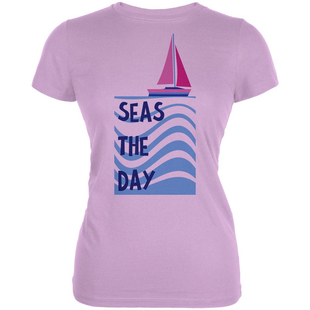 Summer Sun Seas Seize the Day Sailboat Juniors Soft T Shirt Juniors T-Shirts Old Glory LG Lilac 