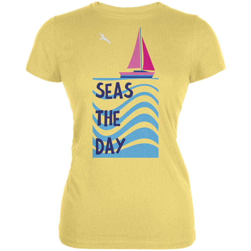 Summer Sun Seas Seize the Day Sailboat Juniors Soft T Shirt Juniors T-Shirts Old Glory LG Yellow 