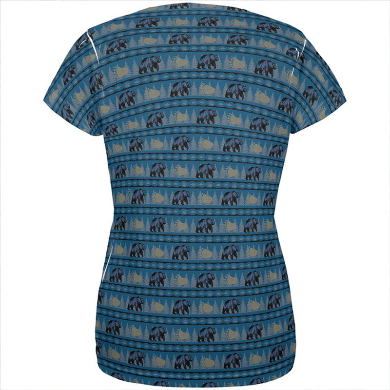 Grizzly Bear Adirondack Pattern Blue All Over Womens T Shirt Women's T-Shirts Old Glory   