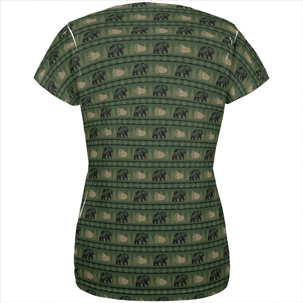 Grizzly Bear Adirondack Pattern Green All Over Womens T Shirt Women's T-Shirts Old Glory   