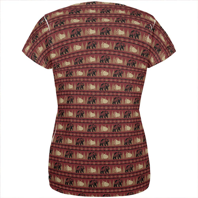 Grizzly Bear Adirondack Pattern Red All Over Womens T Shirt Women's T-Shirts Old Glory   