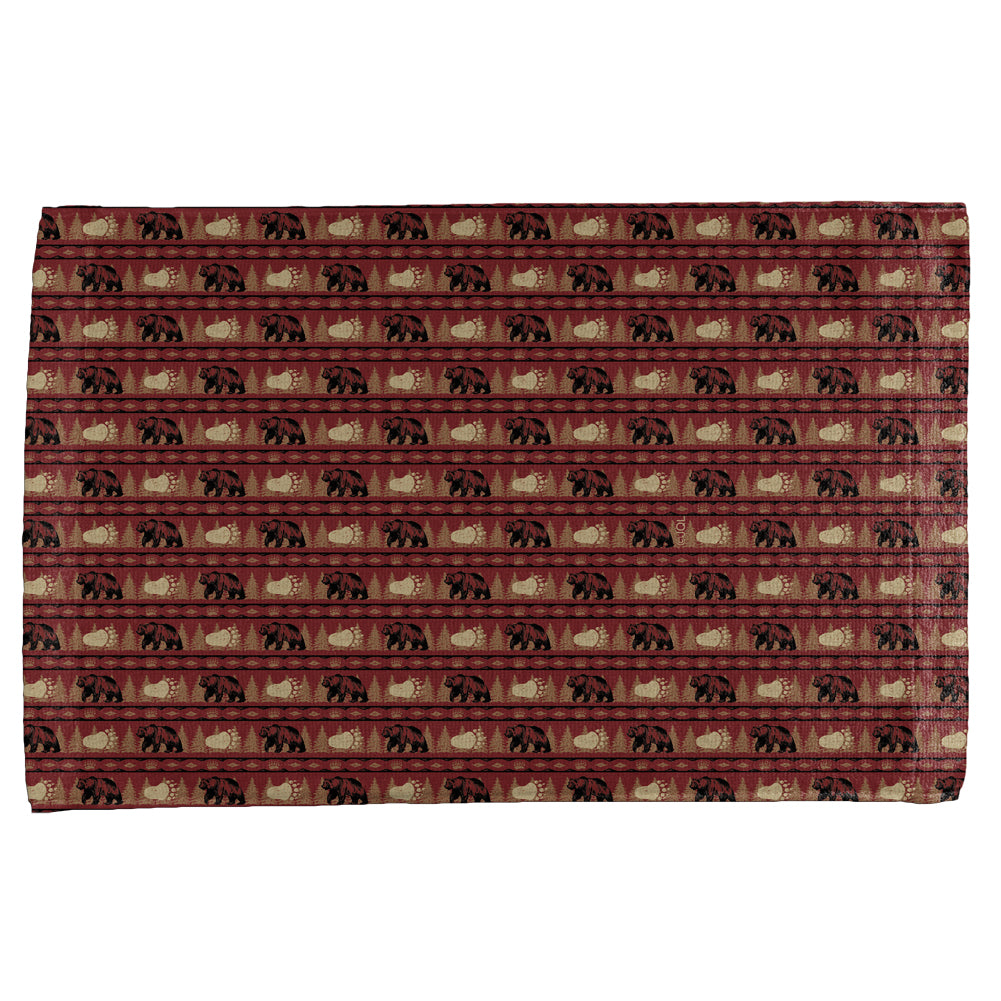 Grizzly Bear Adirondack Pattern Red All Over Hand Towel Hand Towel global OS Multi 