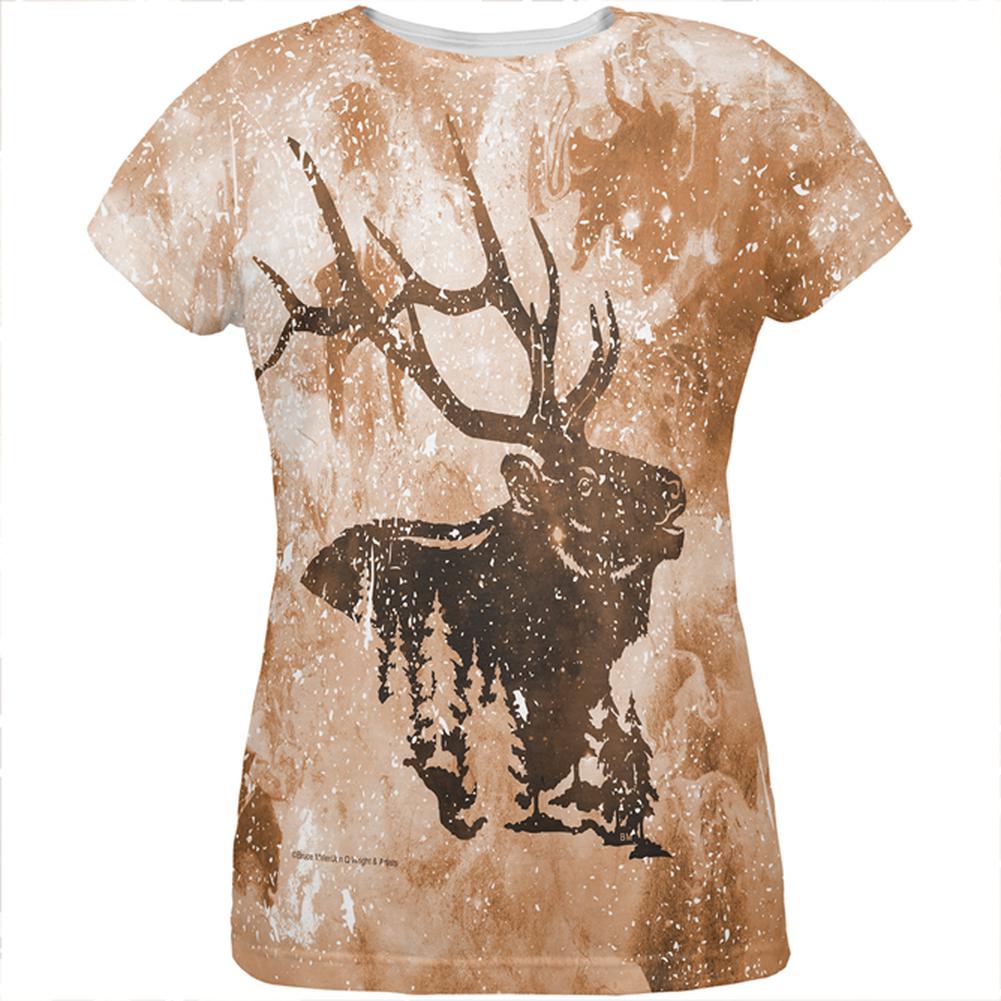 Distressed Brown Elk Silhouette All Over Womens T Shirt Women's T-Shirts Old Glory 2XL Multi 