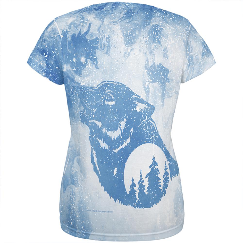 Distressed Blue Howling Wolf Silhouette All Over Womens T Shirt Women's T-Shirts Old Glory   