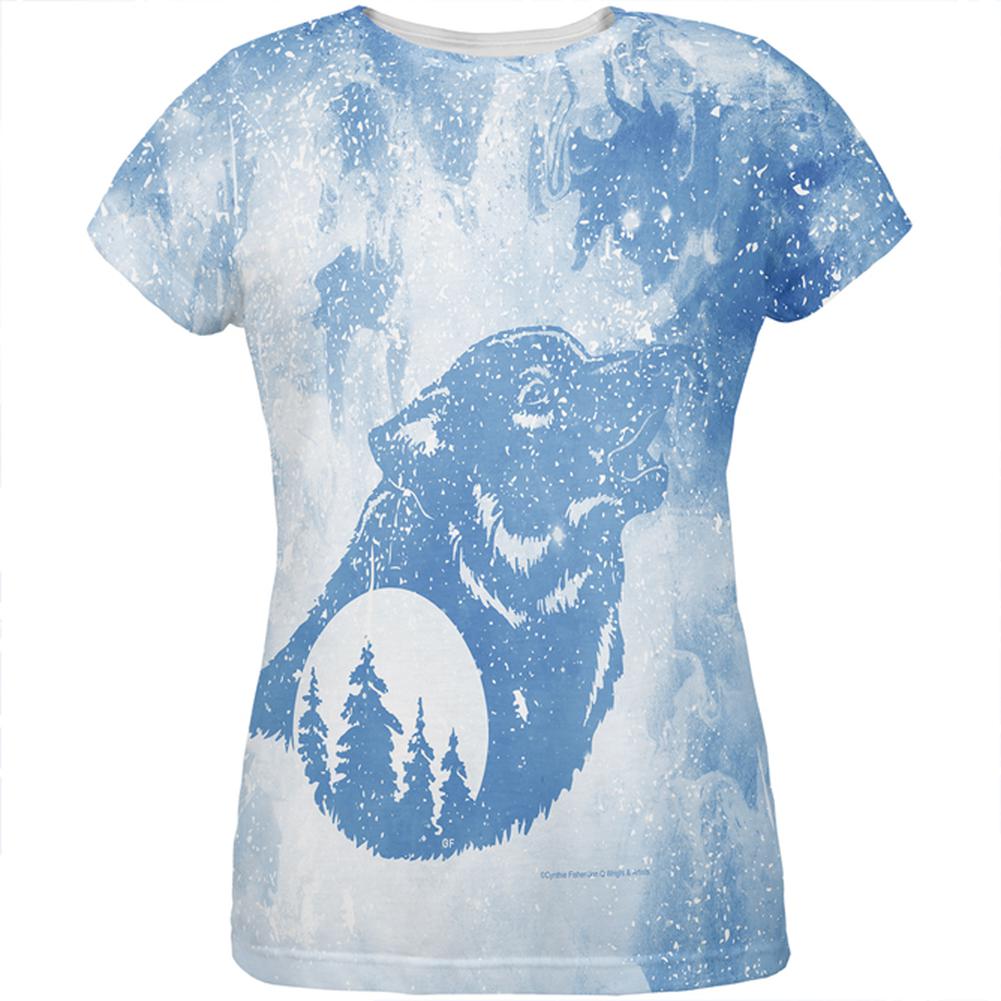 Distressed Blue Howling Wolf Silhouette All Over Womens T Shirt Women's T-Shirts Old Glory 2XL Multi 