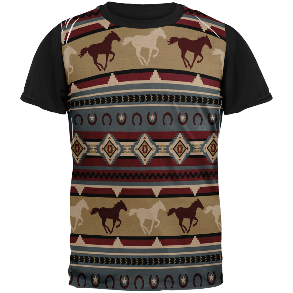 Southwestern Wild Horses Pattern All Over Mens Black Back T Shirt Men's T-Shirts Old Glory SM Multi 