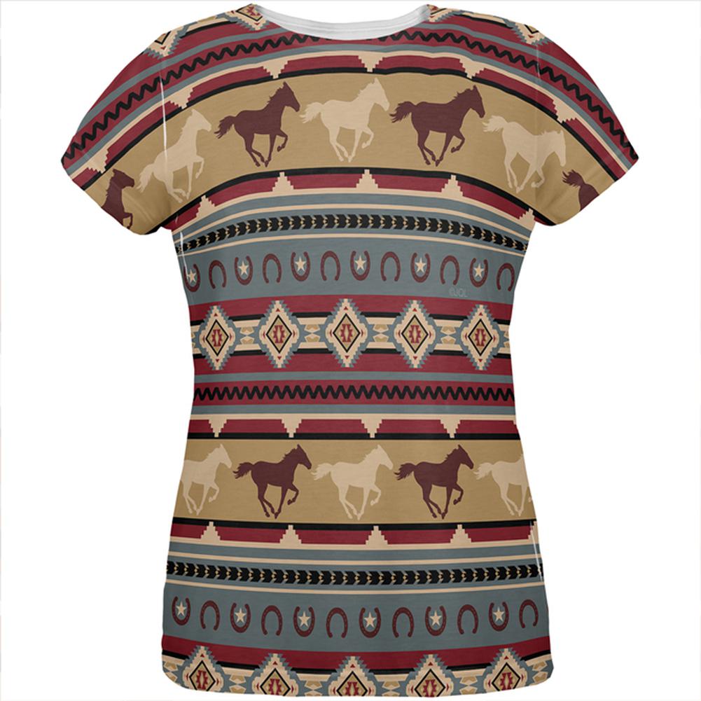 Southwestern Wild Horses Pattern All Over Womens T Shirt Women's T-Shirts Old Glory 2XL Multi 