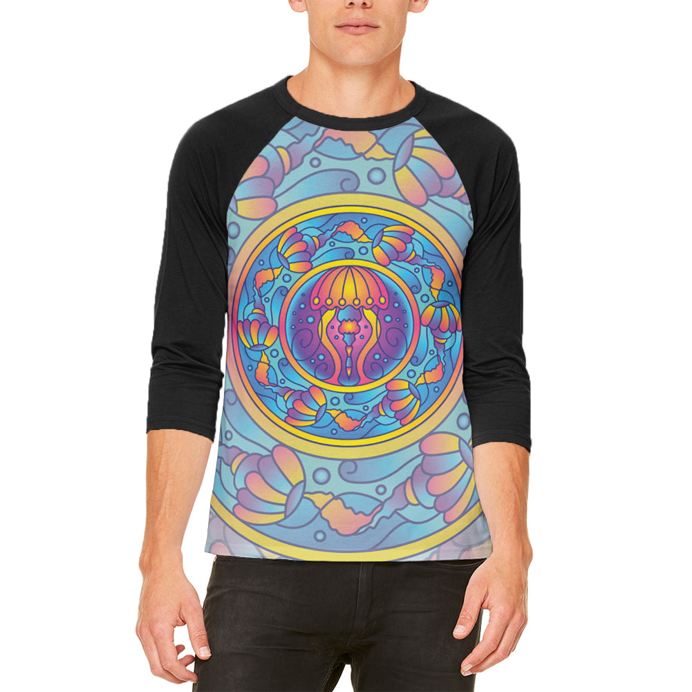 Mandala Trippy Stained Glass Jellyfish Mens Raglan T Shirt Men's Raglans Old Glory LG White-Black 