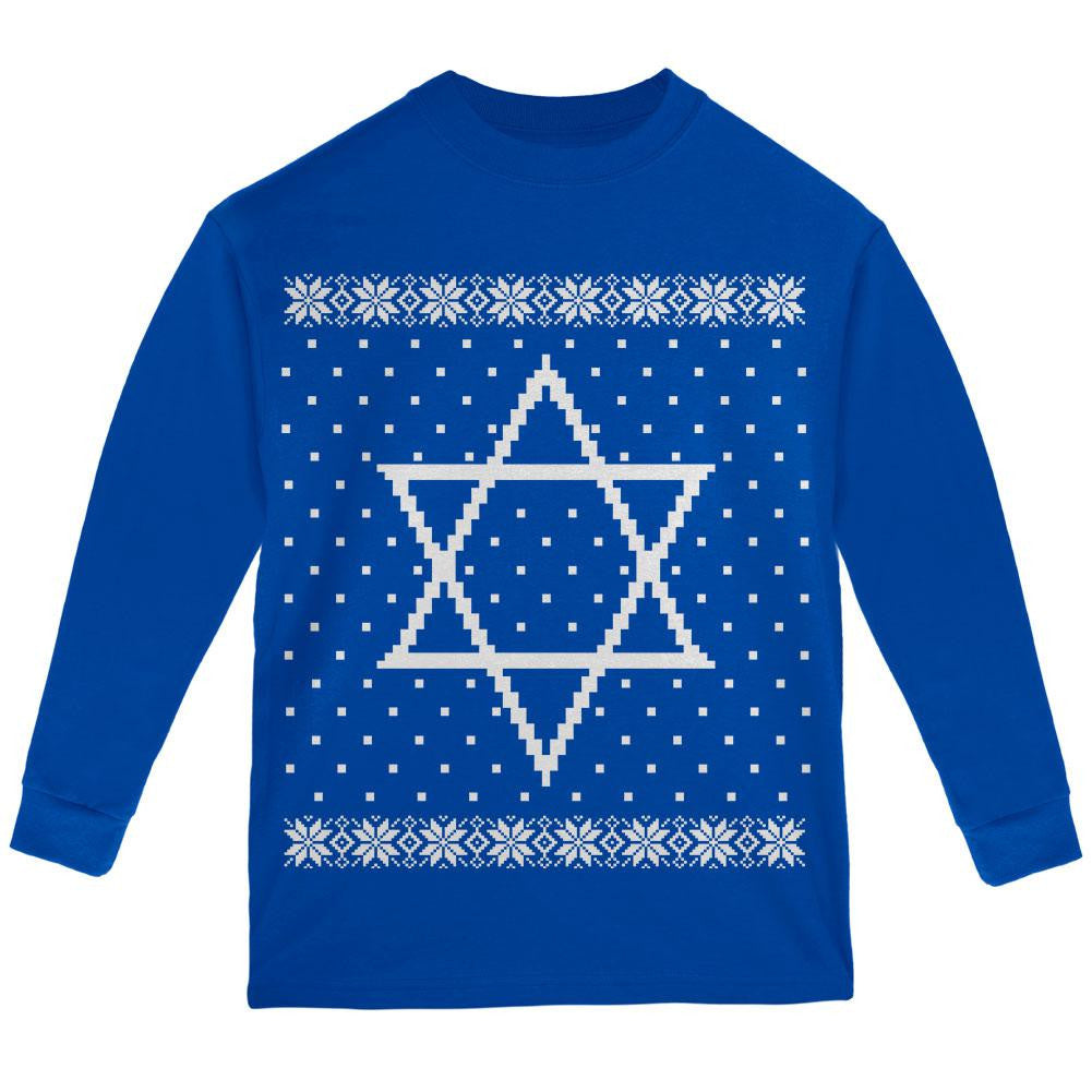 Big Star of David Ugly Hanukkah Sweater Youth Long Sleeve T Shirt Youth Long Sleeves Old Glory LG Blue 