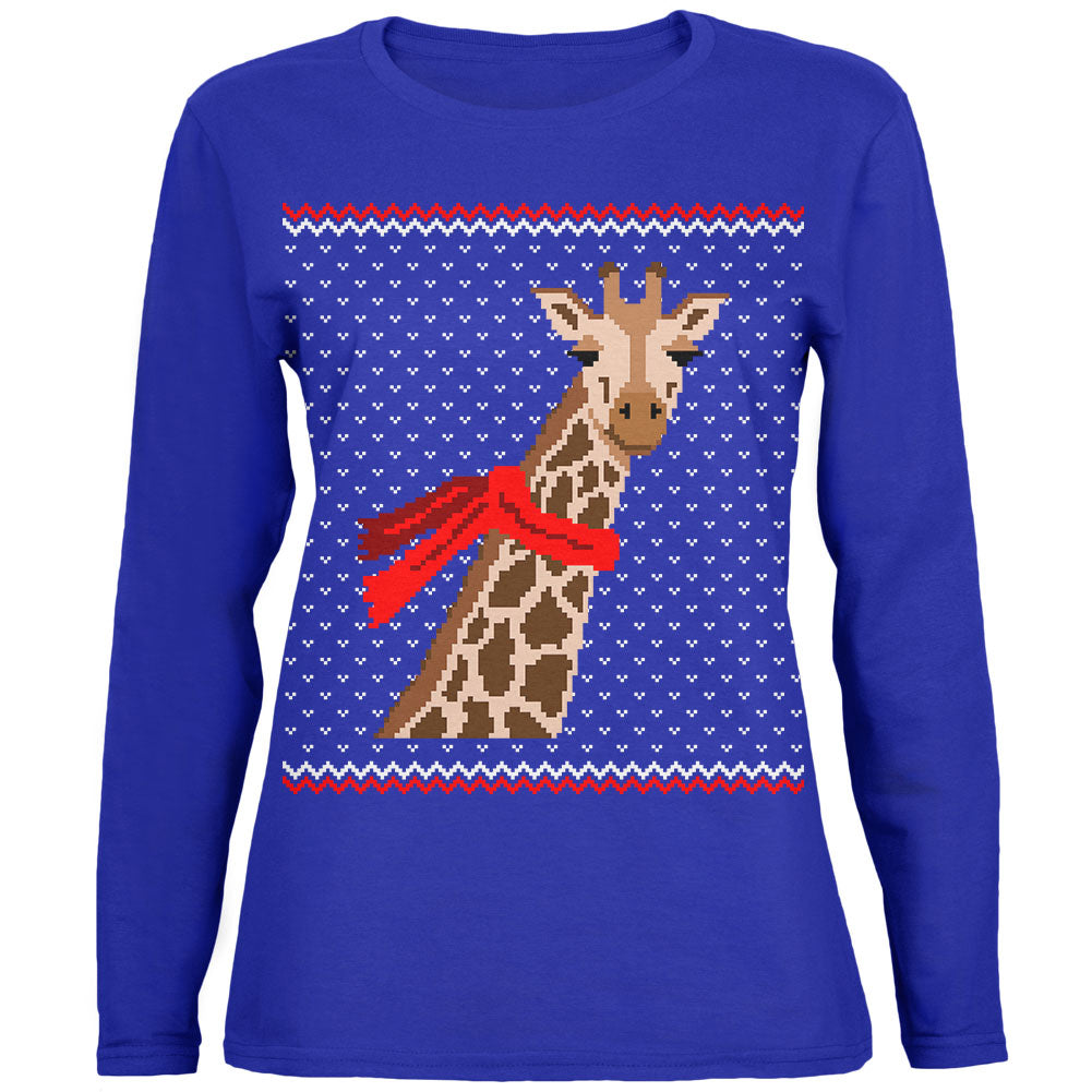 Big Giraffe Scarf Ugly Christmas Sweater Womens Long Sleeve T Shirt Women's Long Sleeves Old Glory SM Blue 