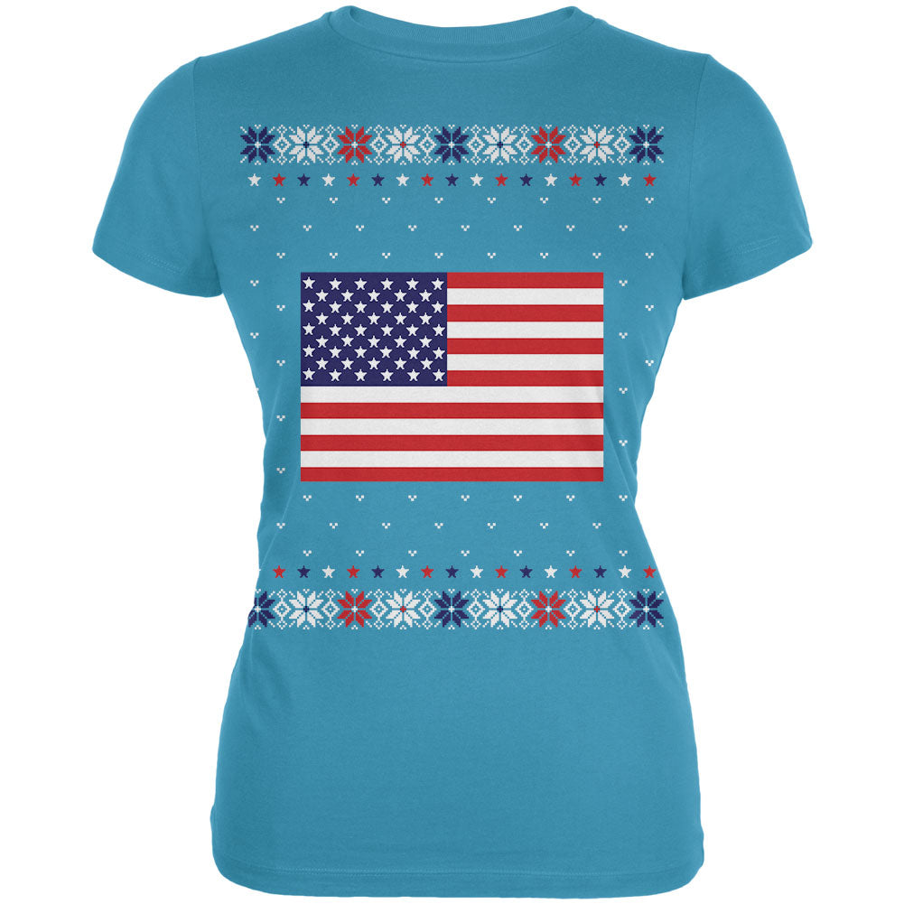 USA American Flag Ugly Christmas Sweater Juniors Soft T Shirt Juniors T-Shirts Old Glory LG Aqua 