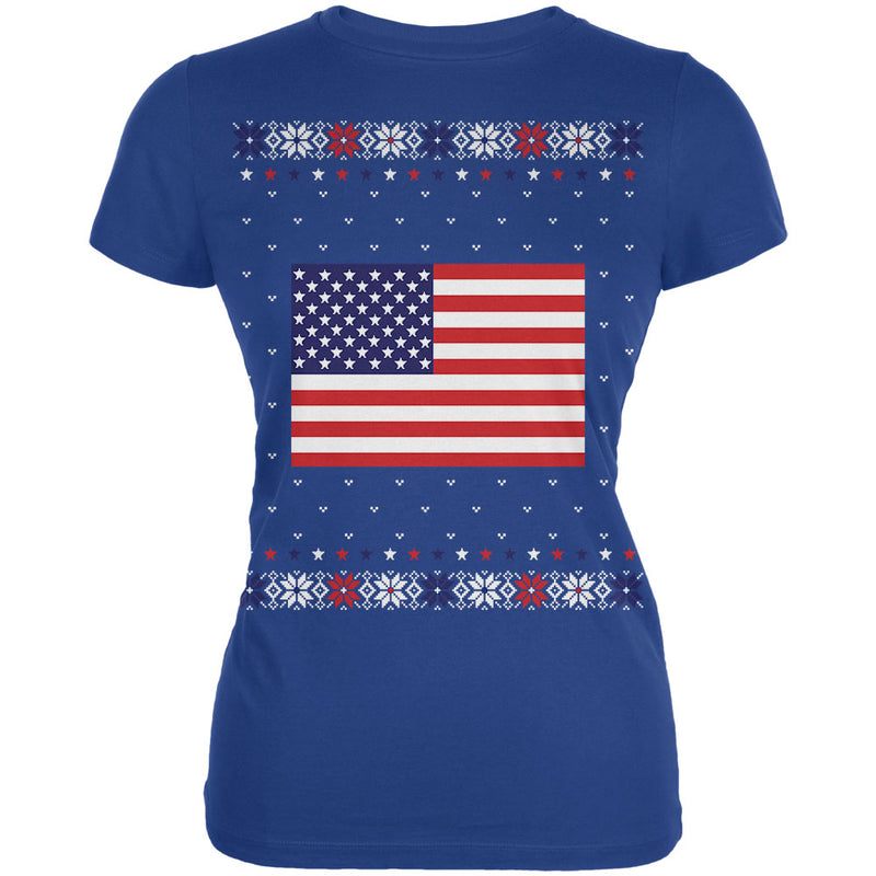 USA American Flag Ugly Christmas Sweater Juniors Soft T Shirt Juniors T-Shirts Old Glory 2XL Blue 