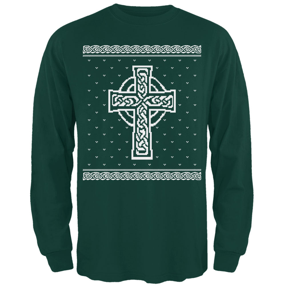 Celtic Cross Irish Ugly Christmas Sweater Mens Long Sleeve T Shirt Men's T-Shirts Old Glory 2XL Dark Green 