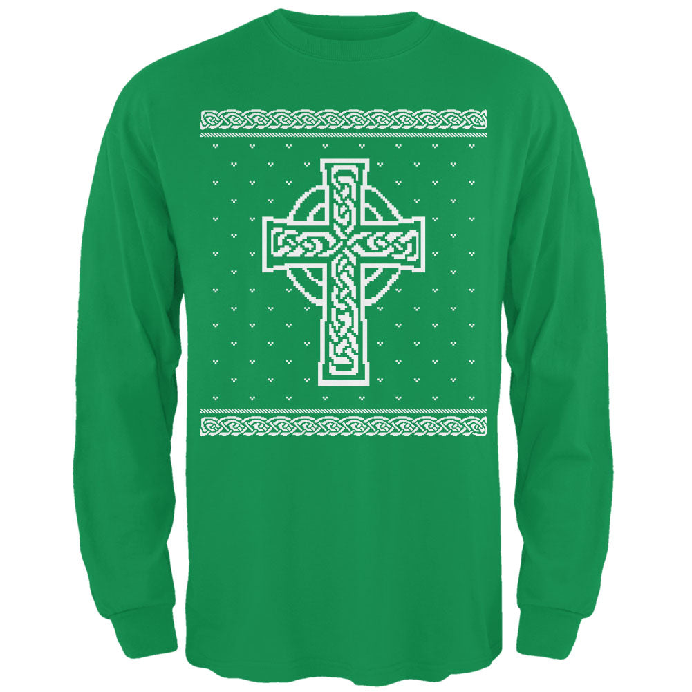 Celtic Cross Irish Ugly Christmas Sweater Mens Long Sleeve T Shirt Men's T-Shirts Old Glory 2XL Green 