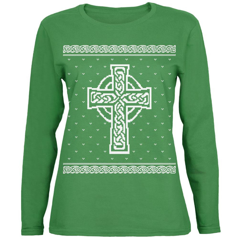 Celtic Cross Irish Ugly Christmas Sweater Womens Long Sleeve T Shirt Women's T-Shirts Old Glory SM Green 