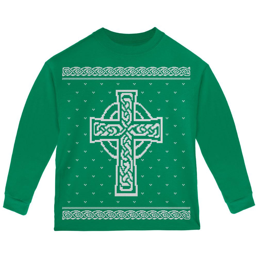 Celtic Cross Irish Ugly Christmas Sweater Toddler Long Sleeve T Shirt Toddler Long Sleeves Old Glory 2T Green 