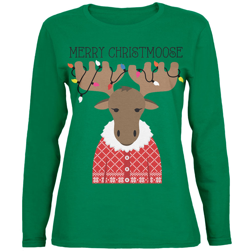 Christmas Merry ChristMoose Moose Womens Long Sleeve T Shirt Women's Long Sleeves Old Glory 2XL Green 